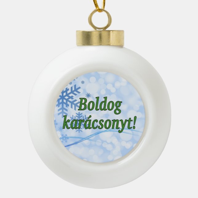 Boldog Karácsonyt! Frohe Weihnachten in ungarische Keramik Kugel-Ornament (Vorderseite)