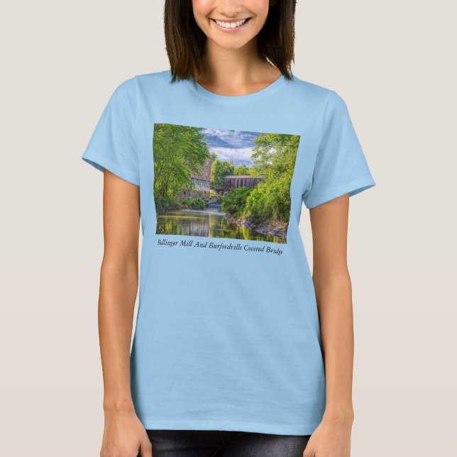 Bollinger Mill und Burfordville Covered Bridge T-Shirt (Vorderseite)