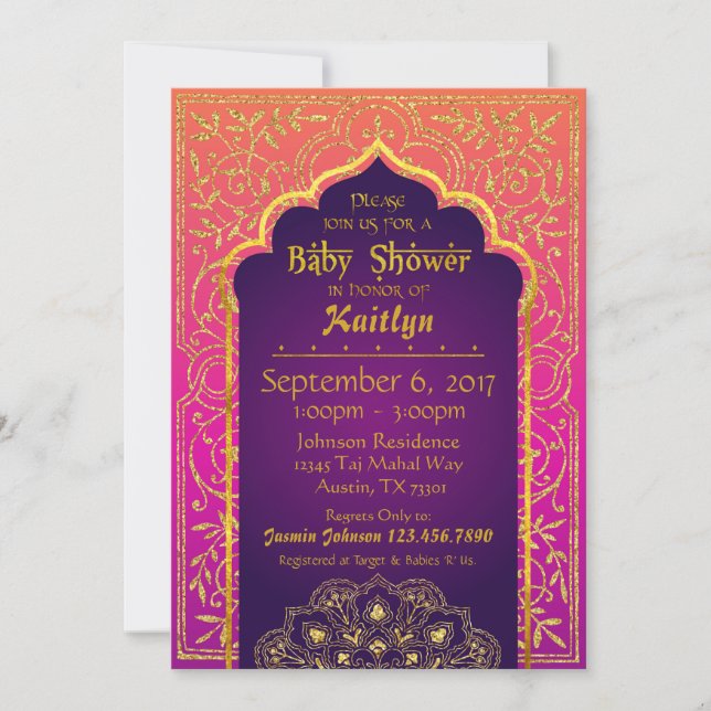 Bollywood Arabian Nights Babydusche Einladung (Vorderseite)