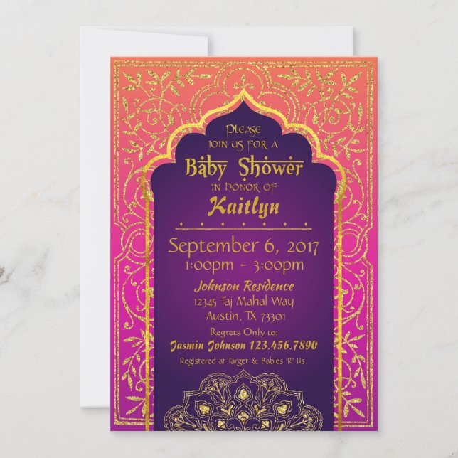 Bollywood Arabian Nights Babydusche Einladung (Vorderseite)