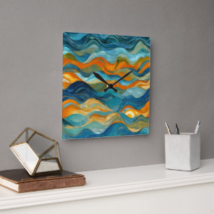 "Bolonia" Blaue Orangenwaves Quadratische Wanduhr