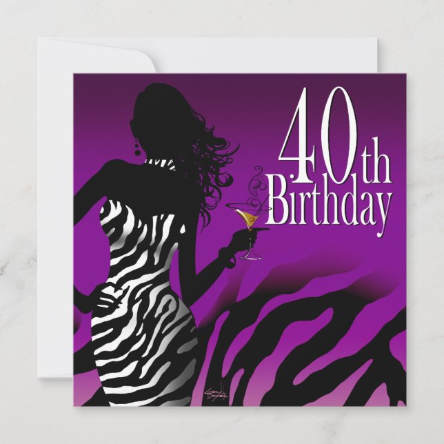 Bombshell Zebra 40. Geburtstag Party Lila Einladung (Vorderseite)