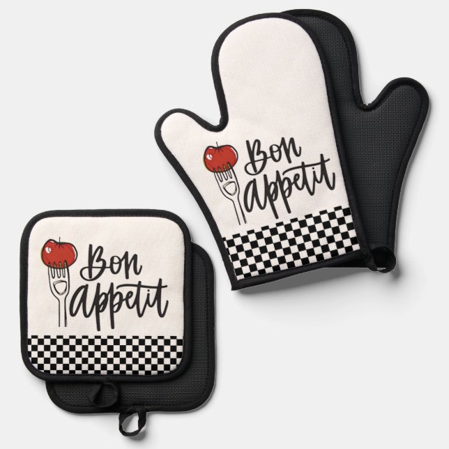 Bon Appetit Design Oven Mitt & Pot Holder Set (Vorderseite/Rückseite)