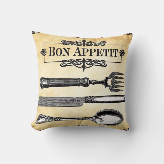Bon Appetit französische Tabelle, die dekoratives Kissen (Vorderseite)