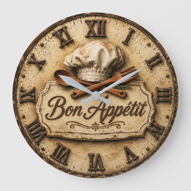 Bon Appétit French Country Chef Kitchen  Große Wanduhr (Vorderseite)