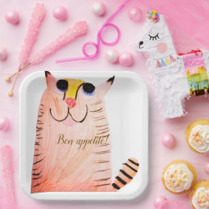 "Bon Appetit" Glückliche Orange Tabby-Katze Pappte Pappteller