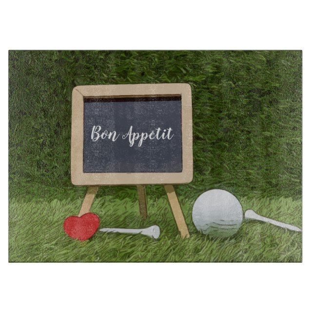Bon Appétit Golfball mit Tee und rotem Herzen Schneidebrett (Vorderseite)