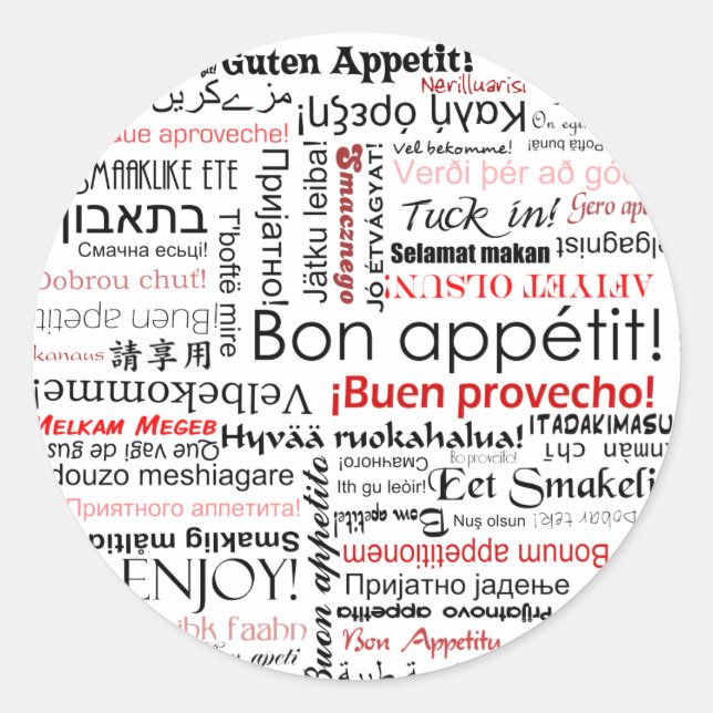 Bön Appetit in vielen verschiedenen Sprachen Typog Runder Aufkleber (Vorderseite)