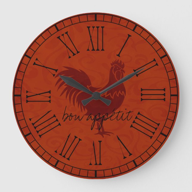 Bon Appetit Vintag Country Rooster Große Wanduhr (Vorderseite)