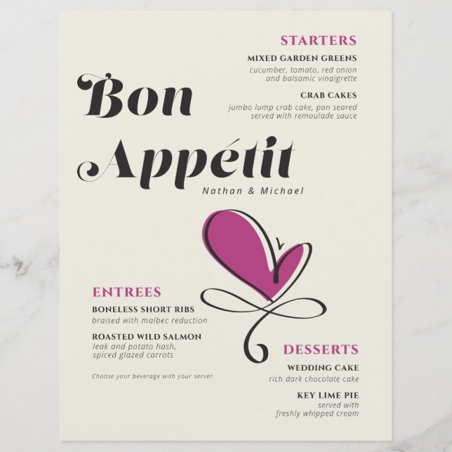Bon Appetit Wedding Dinner Paper Sheet (Vorderseite)