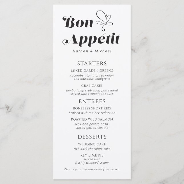 Bon Appetit Wedding Dinner Schwarz-weiße Menü Menükarte (Vorderseite)