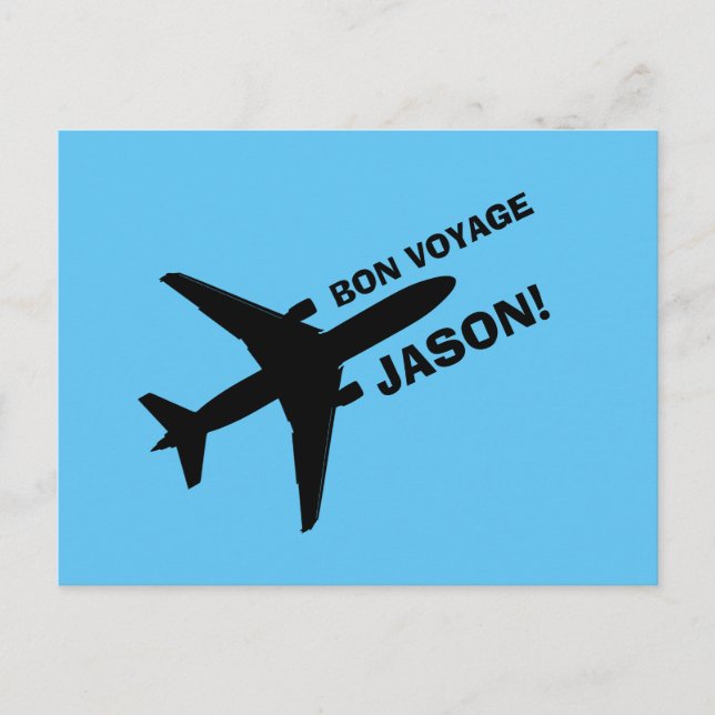 Bon Voyage Flugzeug auf blauem Individuelle Name Postkarte (Vorderseite)