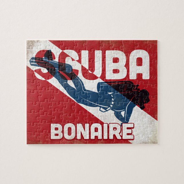 Bonaire Scuba Diver - Blue Retro Puzzle (Horizontal)