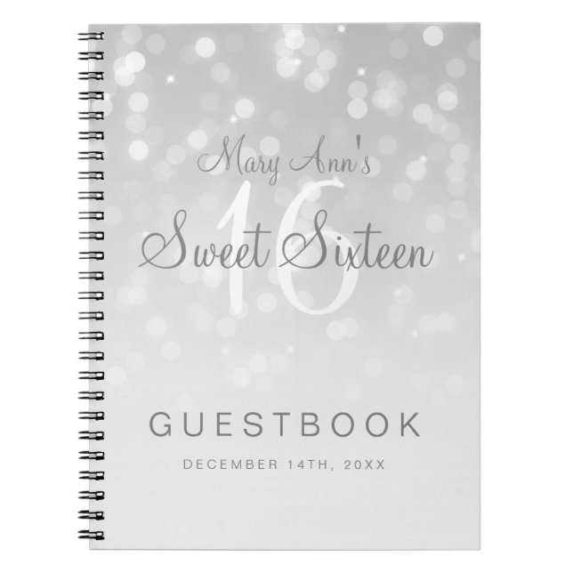 Bonbon16 Guestbook silbernes Bokeh Schein-Licht Notizblock (Vorderseite)