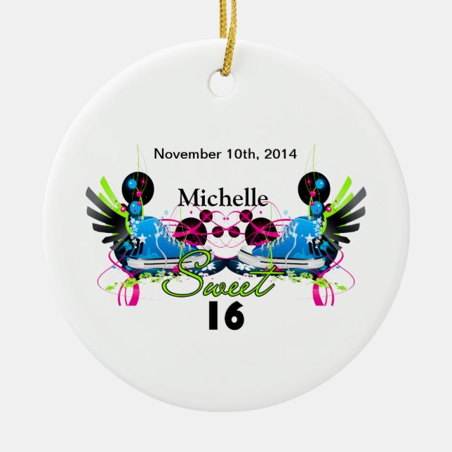 Bonbon 16 Achtzigerjahre Neonturnschuh-Namensdatum Keramikornament (Vorne)