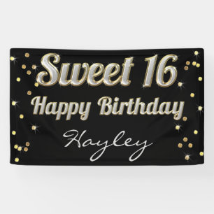 Bonbon 16 Bling Typografie-Goldconfetti-Schwarzes Banner