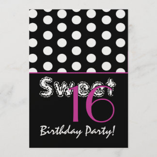 Bonbon 16 Geburtstags-Schwarzweiss-Tupfen Einladung