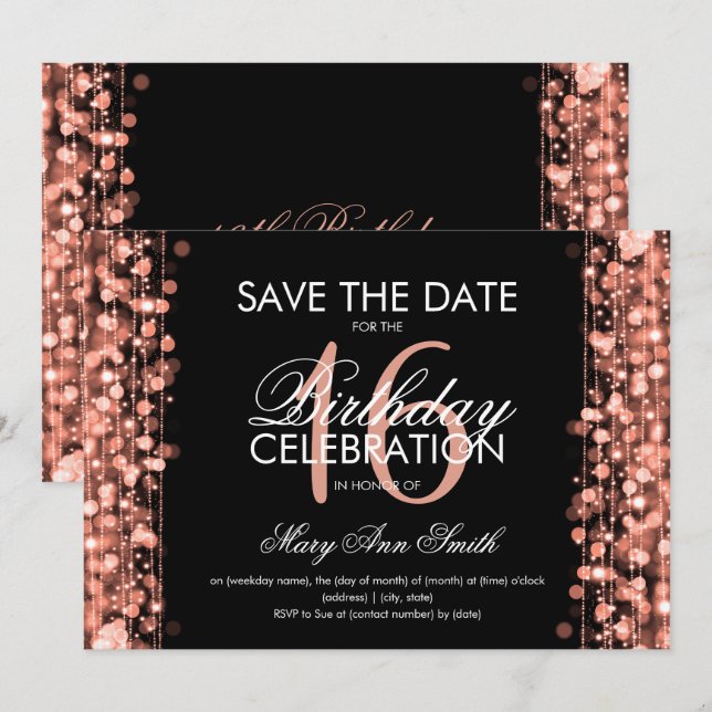 Bonbon 16" Save the Date" Glitzern-Rosen-Gold Einladung (Vorne/Hinten)