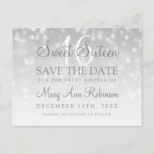 Bonbon 16 Save the Date silberne Bokeh Ankündigungspostkarte