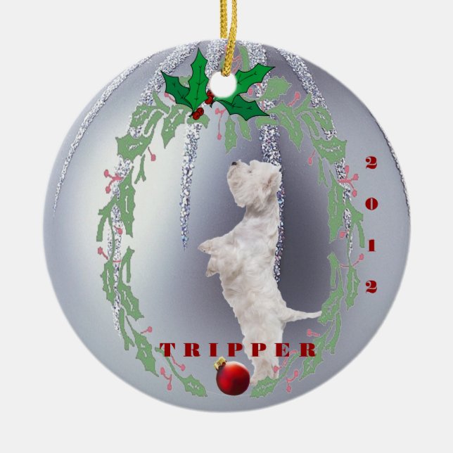 Bonbon fertigen es - Westie Puppys 1. Weihnachten Keramikornament (Vorne)