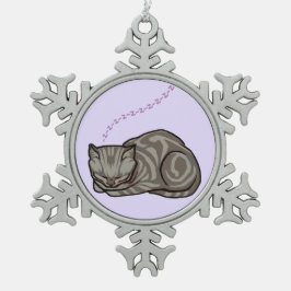 Bonbon-Schlafengraue Tabby-Katze auf Lavendel Schneeflocken Zinn-Ornament