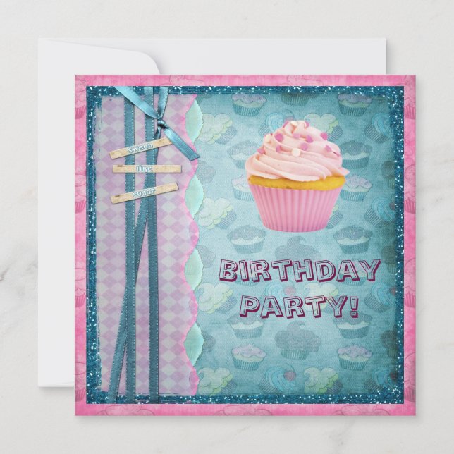 Bonbon wie Zuckerkuchen-Glitzer-Party lädt ein Einladung (Vorderseite)