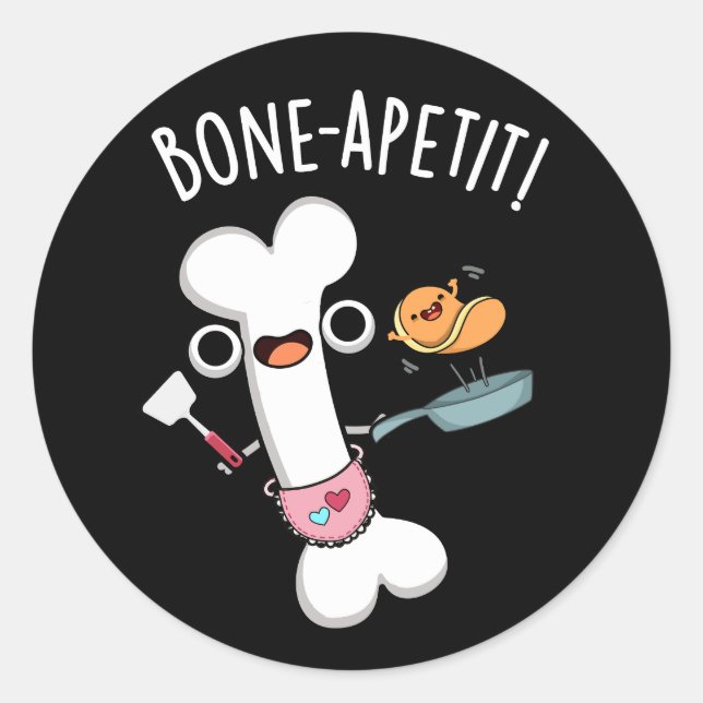 Bone Apetit Funny Cooking Pun Dark BG Runder Aufkleber (Vorderseite)