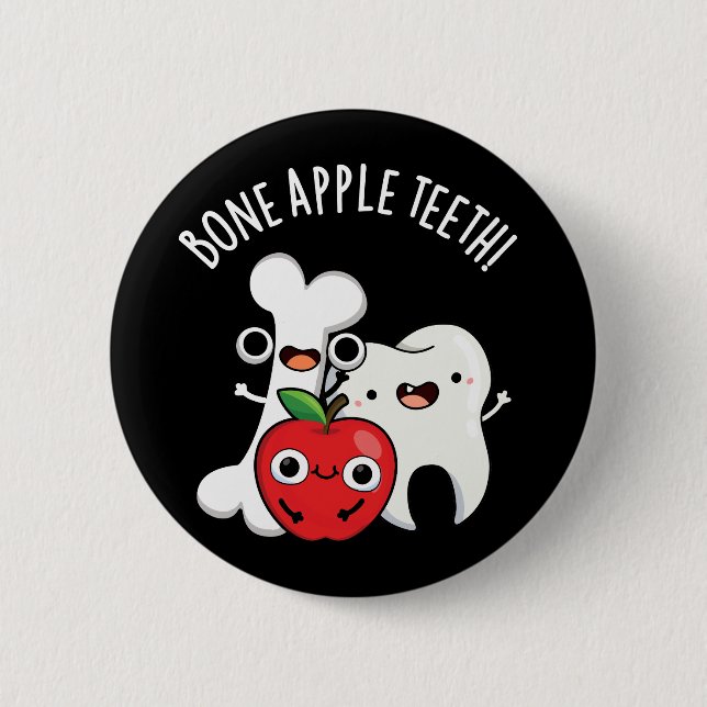 Bone Apple Teeth Funny Bona Appetit Pun Dark BG Button (Vorderseite)