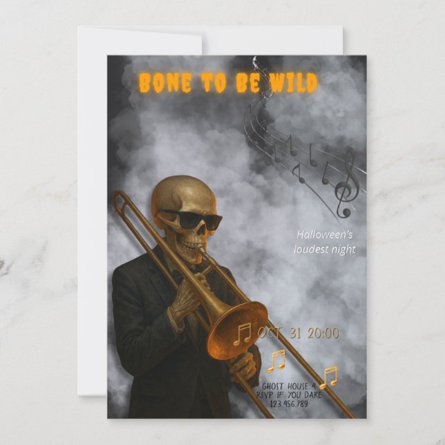 Bone to Be Wild - Skelett-Posaune | Halloween Einladung (Vorderseite)