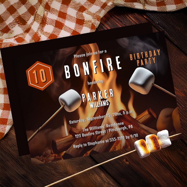 Bonfire Marshmallow Roast 10. Geburtstagsparty Einladung (Bonfire Marshmallow Roast 10th Birthday Party Invitation - Print | Digital Download)