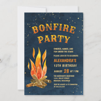 Bonfire Party Watercolor Blue Orange Birthday Einladung