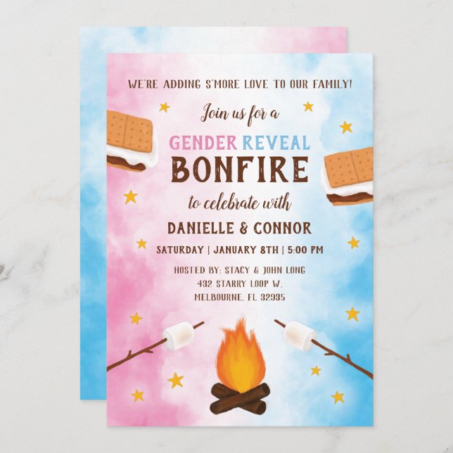 Bonfire S'more Liebe Baby Gender Offenlegung Einla Einladung (Vorne/Hinten)