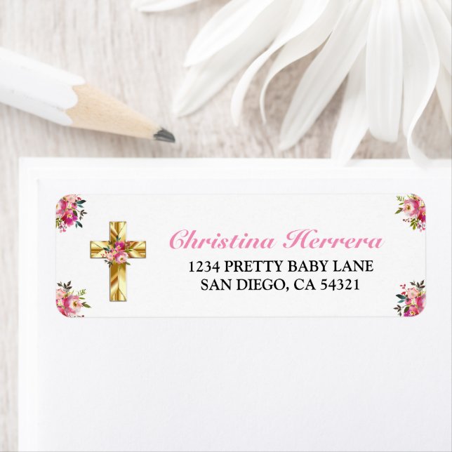 Bonito Rosa Floral Oro Cruz Bautismo (Insitu)