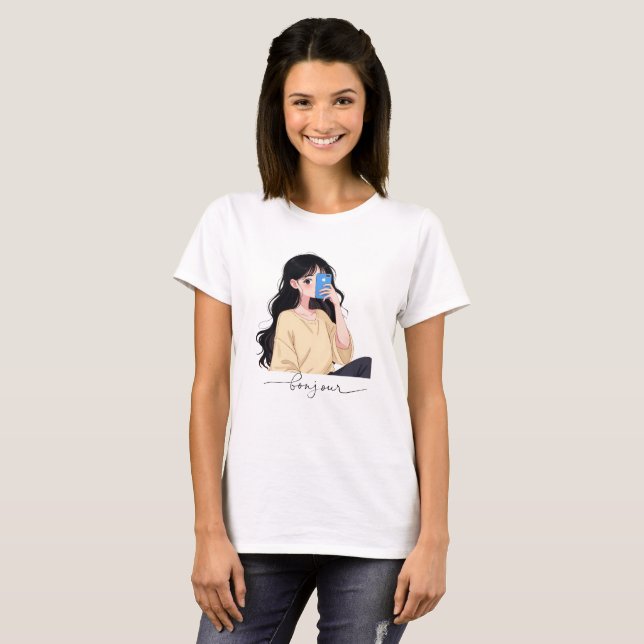 Bonjour Aesthetic Girl Selfie Illustration T-Shirt (Vorne ganz)