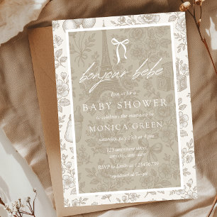 Bonjour Bebe Beige Neutra Toile Französisch Babydu Einladung
