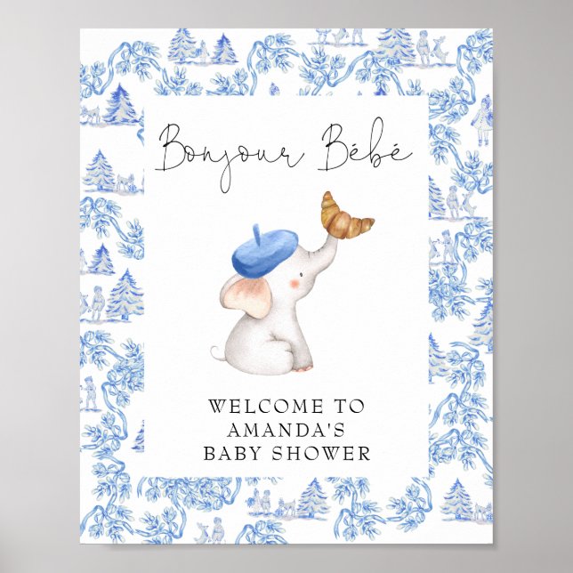 Bonjour Bebe Blue French Boy Welcome Baby Dusche P Poster (Vorne)