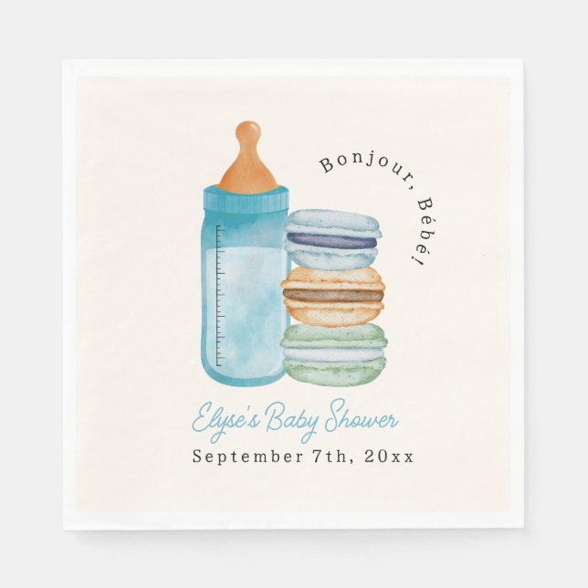 Bonjour Bébé Blue Macarons & Milk Boy Baby Shower Serviette (Vorderseite)