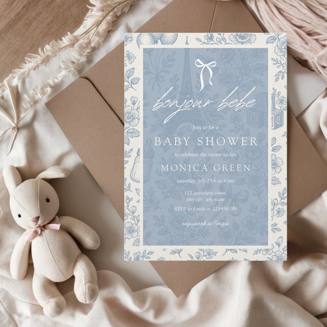 Bonjour Bebe Blue Toile French Boy Baby Dusche Einladung (Bonjour Bebe Blue Toile French Paris Dusty Blue Boy Baby Shower Invitation Vintage Aesthetic)