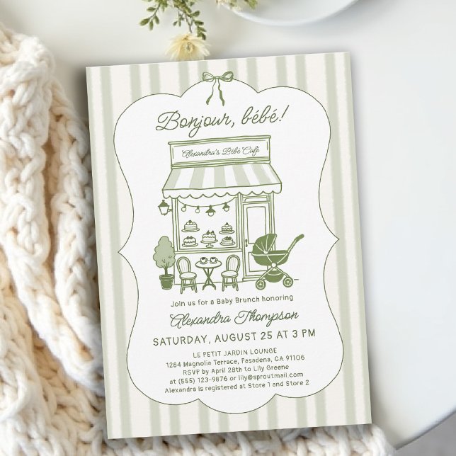 Bonjour Bebe Coffee Brunch Brewing Baby Shower Einladung (baby shower brunch invitation coffee theme brewing olive green bistro hand drawn paris bistro)