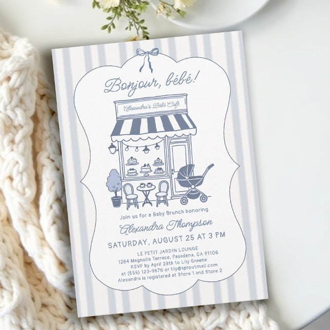 Bonjour Bebe Coffee Brunch Dusty Blue Baby Shower Einladung (bebe cafe baby shower invitation bonjour dusty blue stripes bow hand drawn brunch theme)