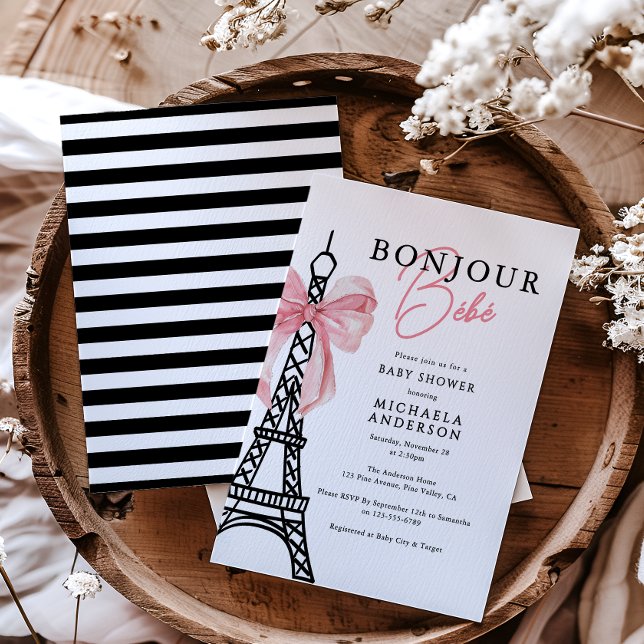 Bonjour Bébé Coquette Bow Paris Babydusche Einladung (Von Creator hochgeladen)