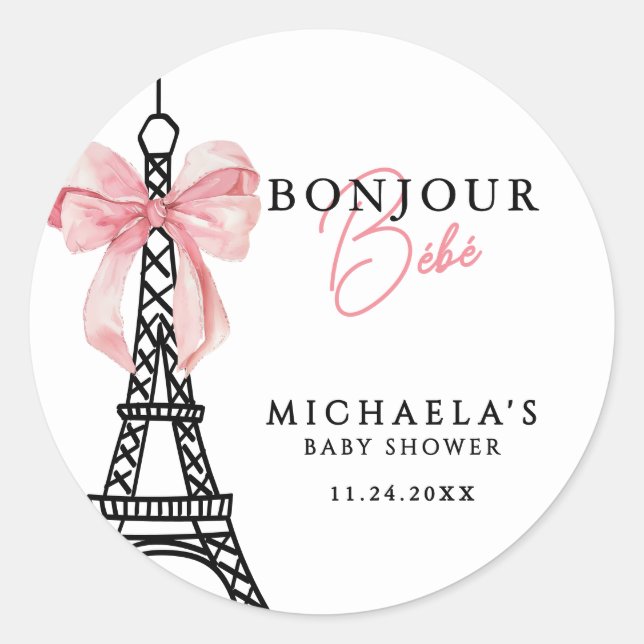 Bonjour Bébé Coquette Bow Paris Babydusche Runder Aufkleber (Vorderseite)