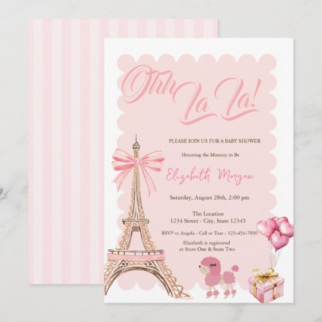 Bonjour Bébé Eiffel Tower Bow Striped Baby Shower Einladung (Vorne/Hinten)