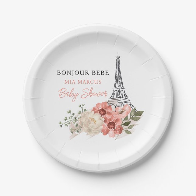 Bonjour Bebe Eiffel Tower Paris Baby Dusche Pappteller (Vorderseite)