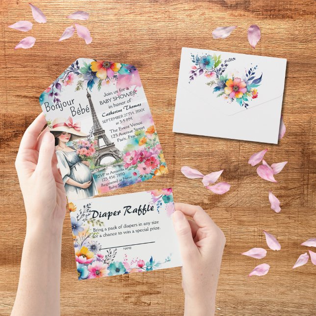 Bonjour Bebe Floral Eiffel Tower Paris Baby Dusche All In One Einladung (Von Creator hochgeladen)