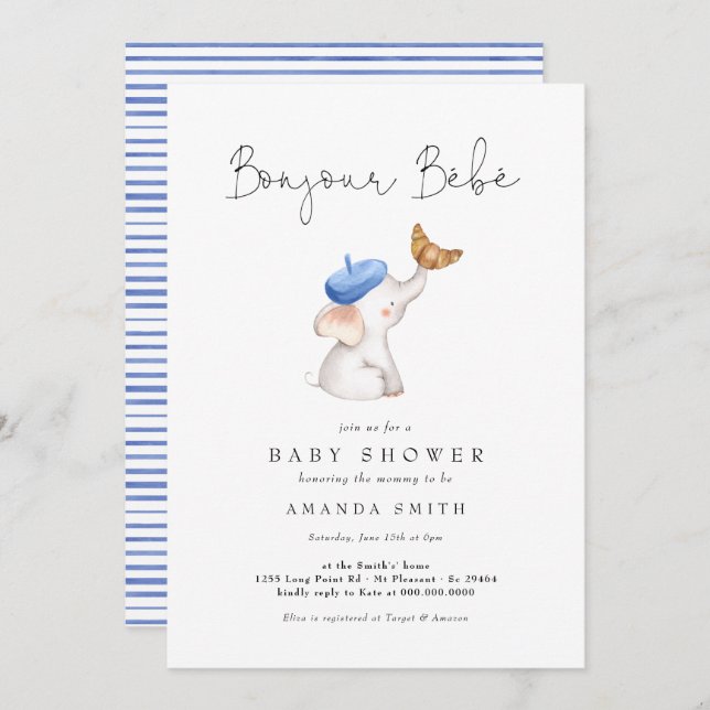 Bonjour Bebe Französisch Elephant Baby Boy Dusche  Einladung (Vorne/Hinten)