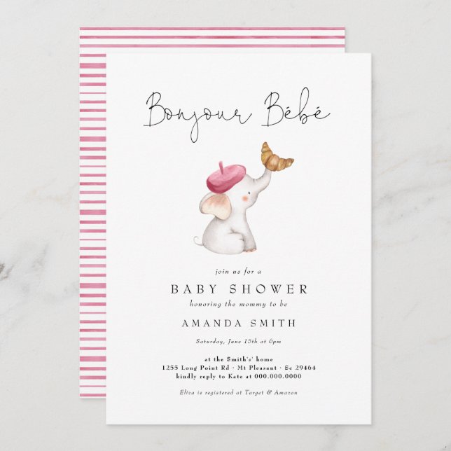 Bonjour Bebe Französisch Elephant Baby Girl Dusche Einladung (Vorne/Hinten)