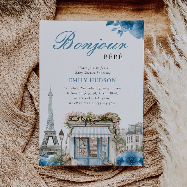 Bonjour Bebe French Blue Baby Shower Invitation Einladung (Von Creator hochgeladen)