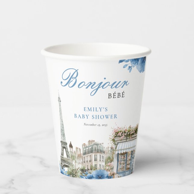 Bonjour Bebe French Blue Baby Shower Pappbecher (Vorderseite)