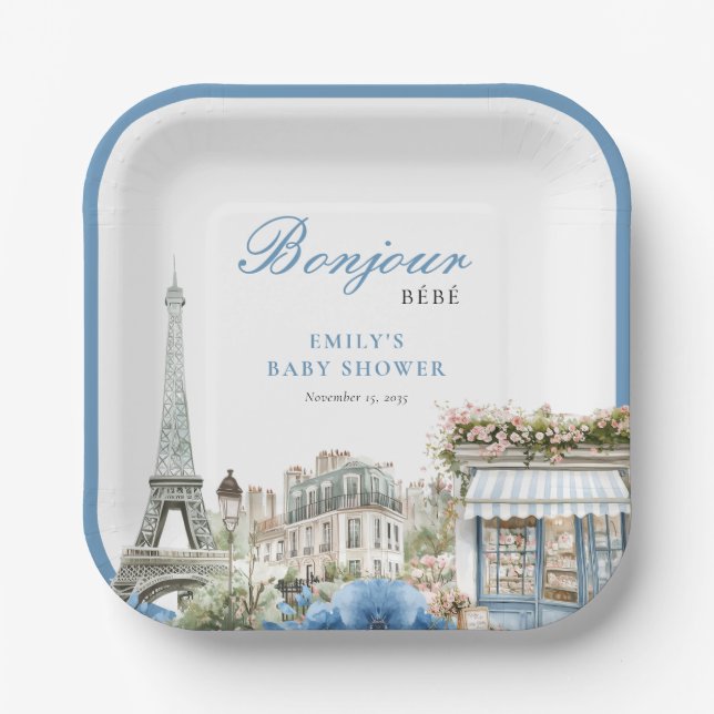 Bonjour Bebe French Blue Baby Shower Pappteller (Vorderseite)
